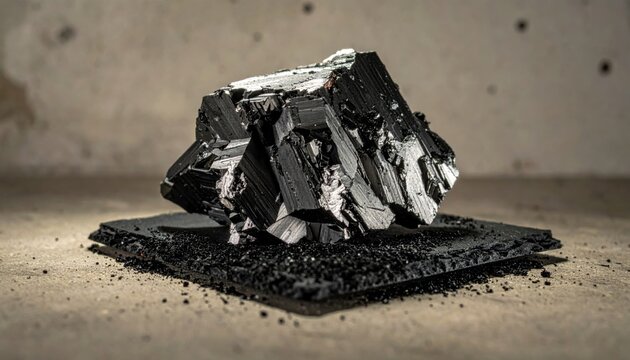 Raw graphite lump with flaky texture and dark metallic luster on a bed of loose particles, showcasing geological mineral beauty.