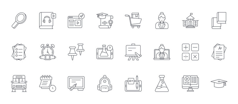 24 outline Education web icons such as elearning, backpack, math, alarm clock, shopping. Thin vector symbols for report, presentation, web design and mobile app