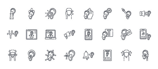 Obraz premium 24 outline Auditory web icons such as hearing, ear, auditory, ear, hear. Thin vector symbols for report, presentation, web design and mobile app