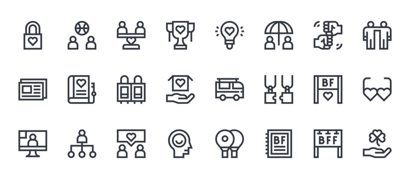 24 outline Friendship web icons such as best friend forever, friendship, best friend, diary, lightbulb. Thin vector symbols for report, presentation, web design and mobile app