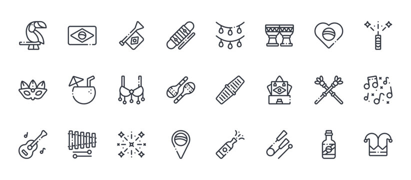 24 outline Brazilian Carnival web icons such as cachaza, location pin, cane, coconut, lights. Thin vector symbols for report, presentation, web design and mobile app