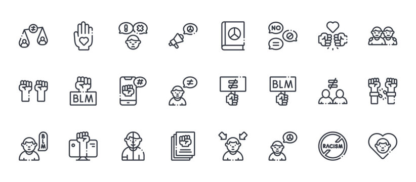 24 outline No Racism web icons such as no racism, pamphlet, racism, blm, human rights. Thin vector symbols for report, presentation, web design and mobile app