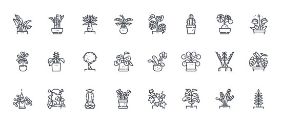 24 outline Indoor Plants web icons such as cinza, jade, zamia, bromelia, calathea. Thin vector symbols for report, presentation, web design and mobile app © Emma
