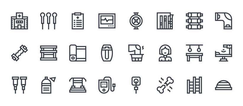 24 outline Physiotherapy web icons such as gym bars, pulse oximeter, gymnastics, parallel, shoulder wheel. Thin vector symbols for report, presentation, web design and mobile app