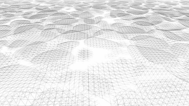 White wireframe grid waves ripple across a clean surface in a minimalist 3D rendering loop designed for technical presentations and modern backgrounds