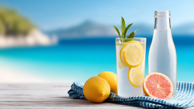 Refreshing glass of lemon water with mint next to a bottle and citrus fruits on a wooden table with a beautiful tropical beach background.