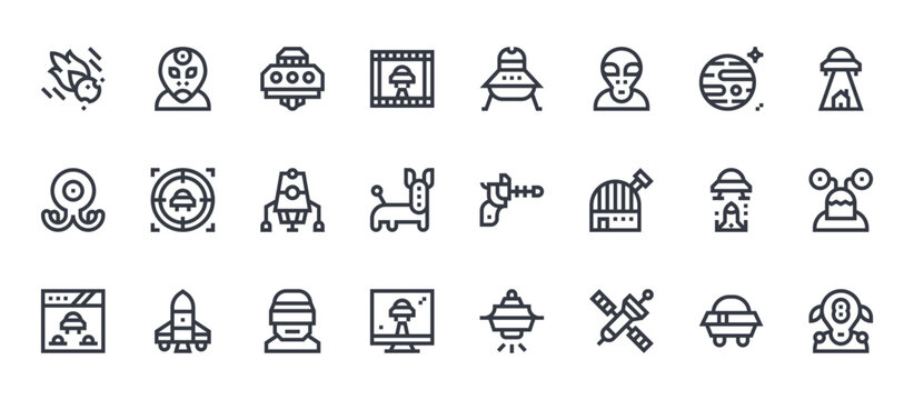 24 outline Ufo and Aliens web icons such as ufo, ufo, invaders, target, ufo. Thin vector symbols for report, presentation, web design and mobile app