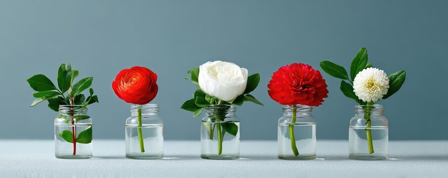 A minimal ultra wide studio shot of flowers elegantly spaced in glass jars. Soft lighting and vivid colors create a balanced, high-end commercial floral composition.