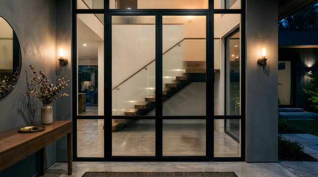 Modern entryway with a grand glass double door featuring reeded glass panels, elegant wall sconces, a wooden console table with a decorative vase, and a view of an illuminated staircase inside