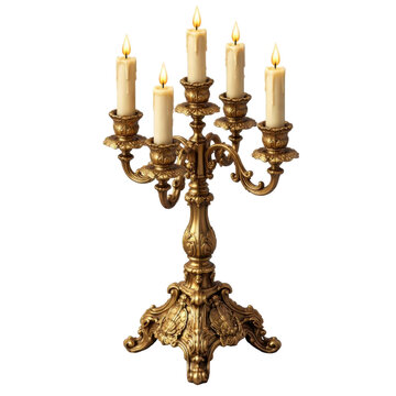 Ornate antique golden candelabra with six lit candles, baroque style, decorative, elegant, for romantic ambiance