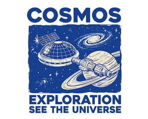Fototapeta premium Cosmos exploration, vintage space station, retro universe poster, planet saturn, galaxy illustration, nasa style, science fiction print
