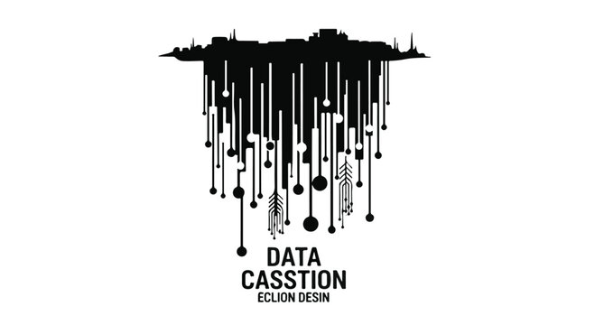 Abstract digital data falling from cityscape silhouette, representing information flow.