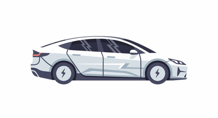 Obraz premium A white, sleek, electric sedan with a lightning bolt emblem on its wheels