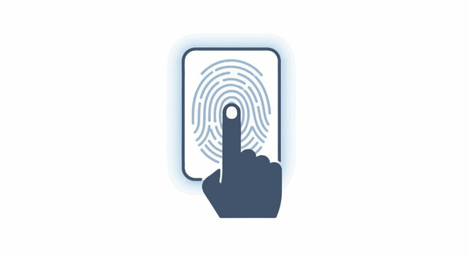 Finger presses a digital fingerprint scan, representing security and identification