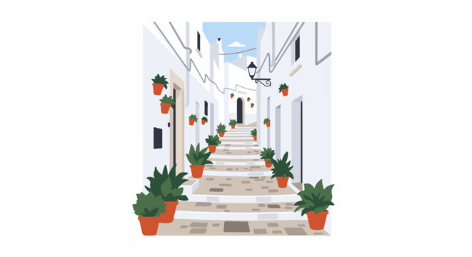 A narrow, ascending cobblestone path lined with potted plants and whitewashed buildings