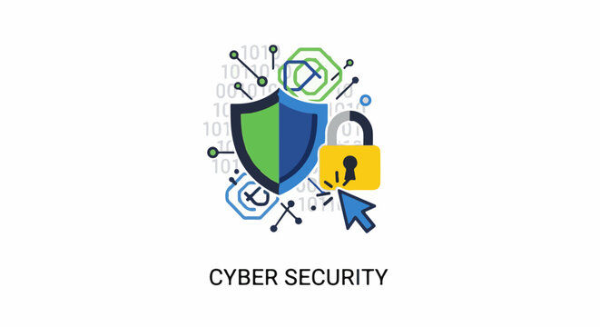 Digital protection shield, padlock, cursor interact with binary code
