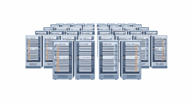A large server farm with rows of server racks, digital data, and technology