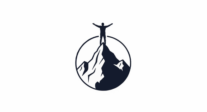 Silhouette of a person with outstretched arms standing atop a jagged mountain peak within a circular frame