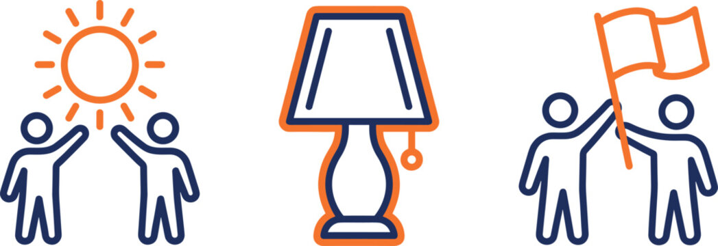 Corporate Business Concept Line Icon Vector Set with Teamwork Success Flag, Desk Lamp Bright Idea, and Creative Sun Leadership Goal Strategy Designs
