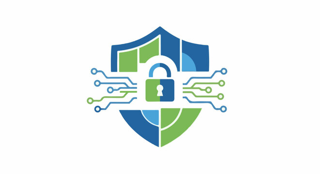 Digital shield with a padlock and circuit board lines