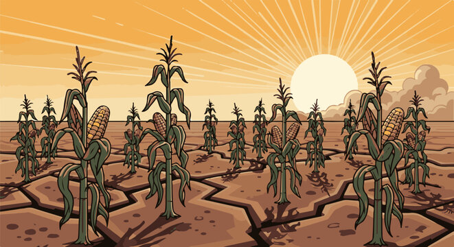 Dry, cracked earth under a golden sun showcases a sparse cornfield with ripening ears of maize