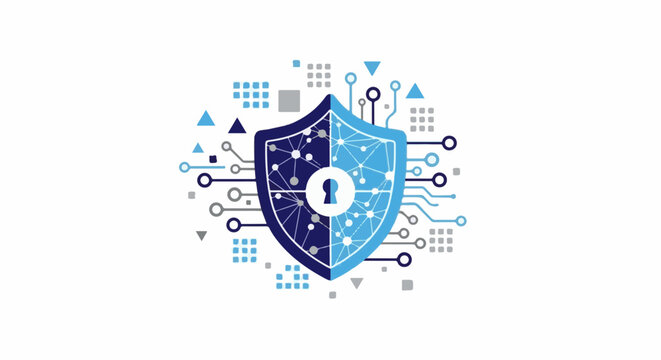 Digital shield with keyhole and circuit board elements, abstract security concept