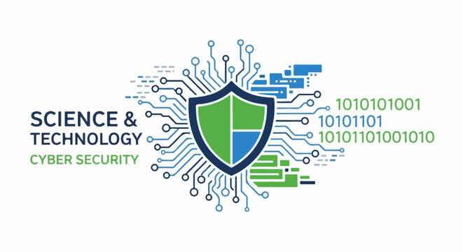 Digital shield with circuitry and binary code representing cyber security