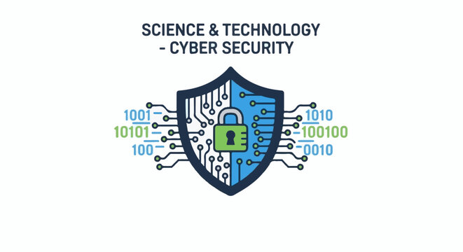 Digital shield with lock and binary code, representing cyber security