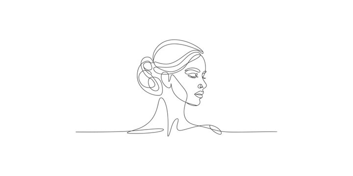 A minimalist line drawing of a womans face in profile view with hair pulled back