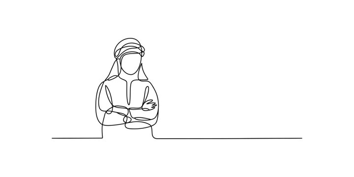 Continuous line drawing of a woman with her arms crossed wearing a headscarf