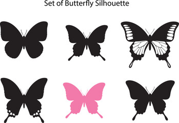 A colorful and black silhouette vector illustration set of flying nature butterflies with beautiful wings for a summer design pattern or tattoo symbol © Pannu