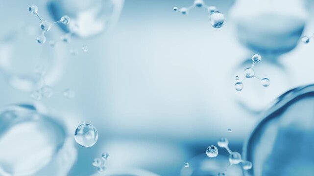 Blue cosmetics background with copy space. 3D abstract laboratory frame for text or product display. Floating water molecules, clean hyaluronic acid drops, medical science or skincare promo