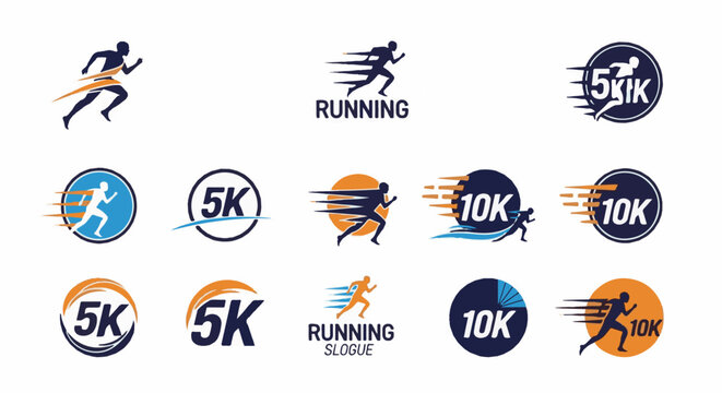 A collection of graphic logos depicting runners and race distances like 5K and 10K
