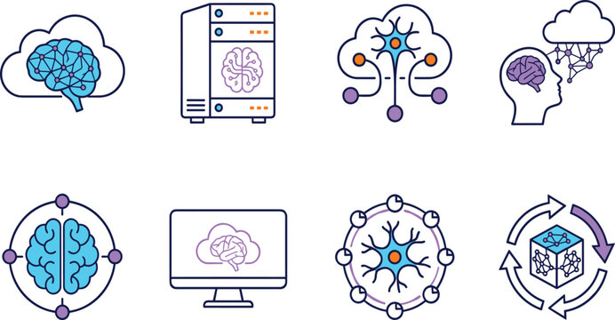 Artificial Intelligence and Neural Network Vector Icon Set Featuring Cloud Computing, Brain Analytics, Machine Learning, and Cognitive Systems