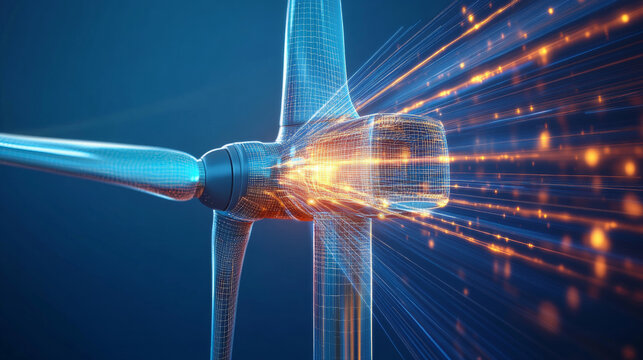 Futuristic digital wind turbine generating renewable energy with abstract wireframe and glowing orange light trails on blue background, smart grid concept