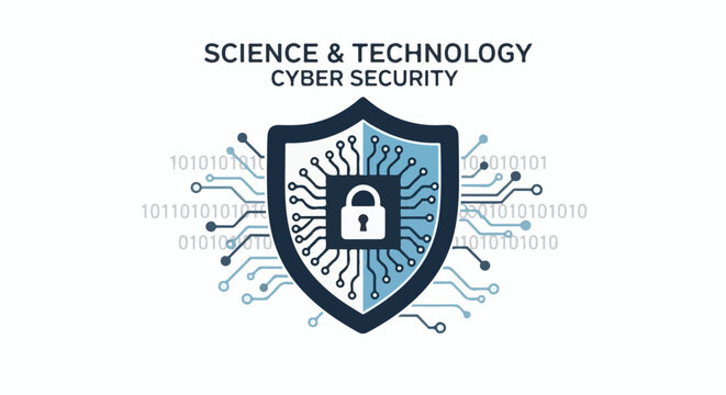 Digital shield with lock symbol, binary code, and circuit board elements