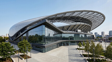 Fototapeta premium Modern futuristic stadium architecture with glass facade and curved roof against city skyline