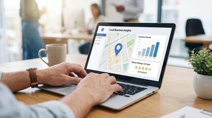 Open laptop displaying a map based local business insights dashboard with customer growth charts and reviews analytics © Indastial Max