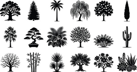Collection of diverse tree and plant silhouette illustrations featuring oak, palm, cactus, bamboo, and succulents © It's Bishaaaaaal