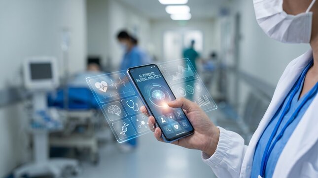Healthcare utilizing a smartphone displaying ai powered medical analytics in a hospital setting ai powered artificial intelligence biomedical brain scan