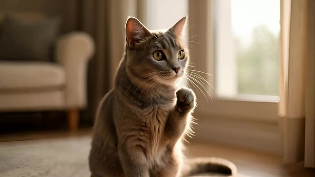 Short hair cat grooming behaviour near sunny window
