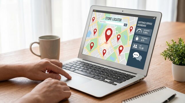 Laptop displaying store locator map with location pins and customer service dashboard on screen application assistance business