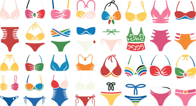Collection of colorful bikini and swimwear illustrations on white background