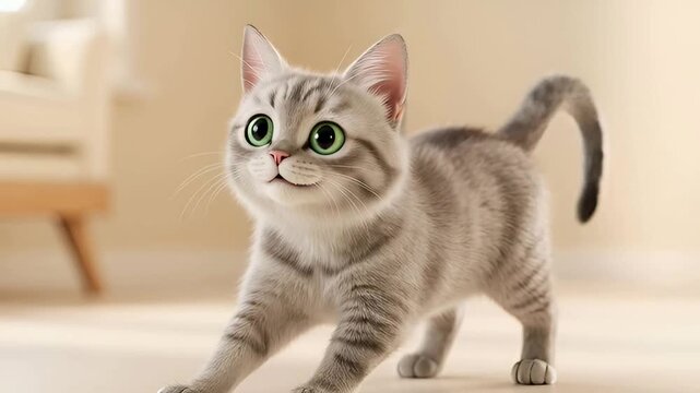 Playful grey kitten cat grooming behaviour and stretching