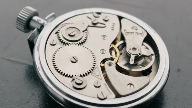 Rotating view of exposed internal gears and balance wheel of a vintage silver pocket watch. The mechanical movement illustrates precision engineering and classic timekeeping concepts.