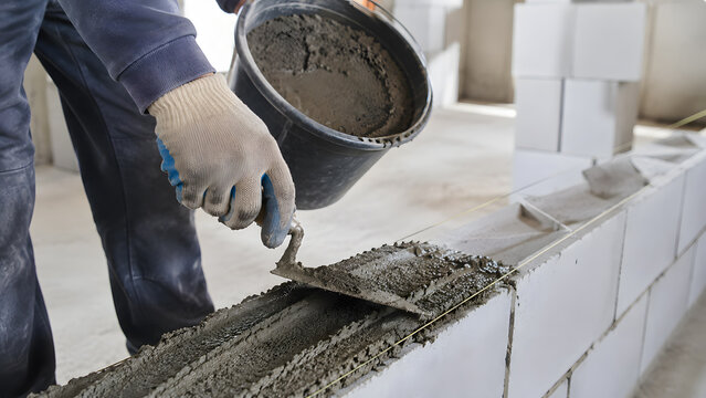 Mason applying mortar on aerated concrete block wall