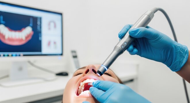 Orthodontist using intraoral scanner during digital mouth scan shows modern orthodontic diagnosis, precise treatment planning and clear high-tech dental workflow.