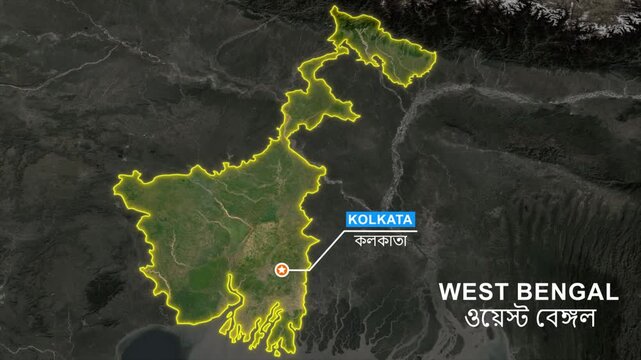 India satellite map zoom animation, West Bengal state regional boundary highlight, Kolkata capital city location pin graphic, satellite geography earth visualization.