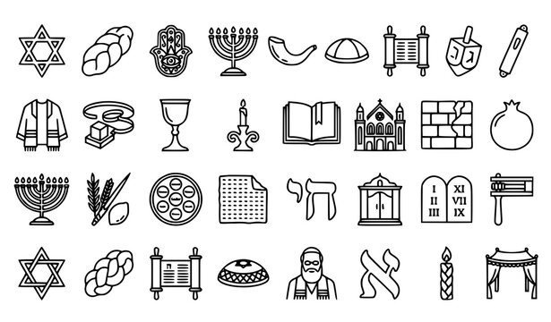 Jewish heritage monoline icon set with Torah Star of David synagogue menorah and Hanukkah symbols vector illustration