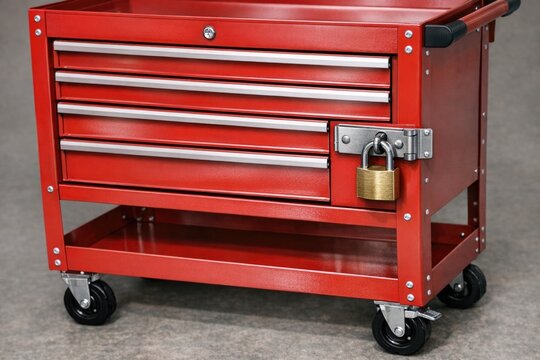 A bright red tool box secured with a metal padlock, perfect for storage or security